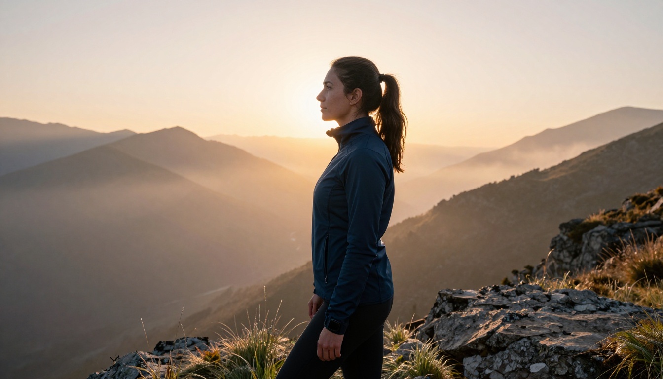 Athletic woman at mountain sunrise viewpoint, golden mist in valley below, low-angle shot from knee height, dramatic landscape