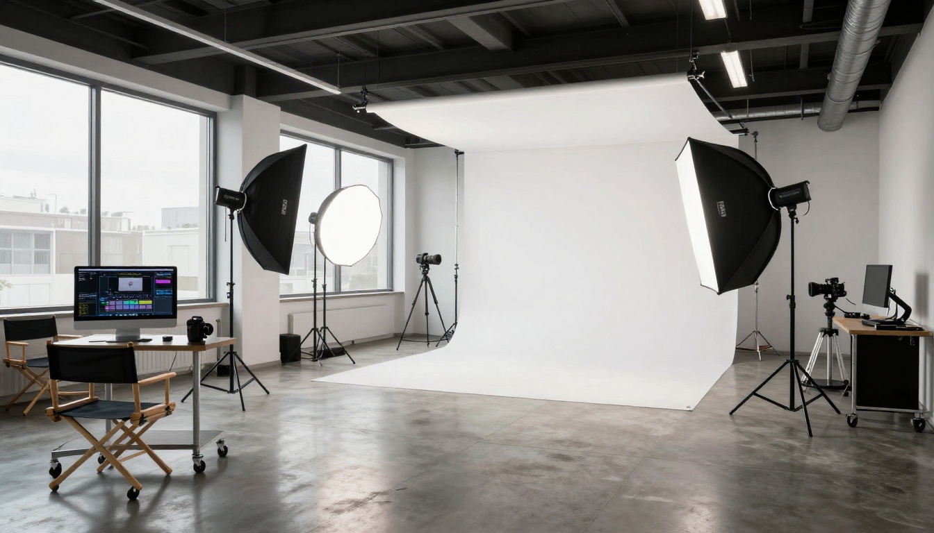 Wide-angle interior of a professional photography studio, polished concrete floors, large octagonal softboxes, white seamless backdrop