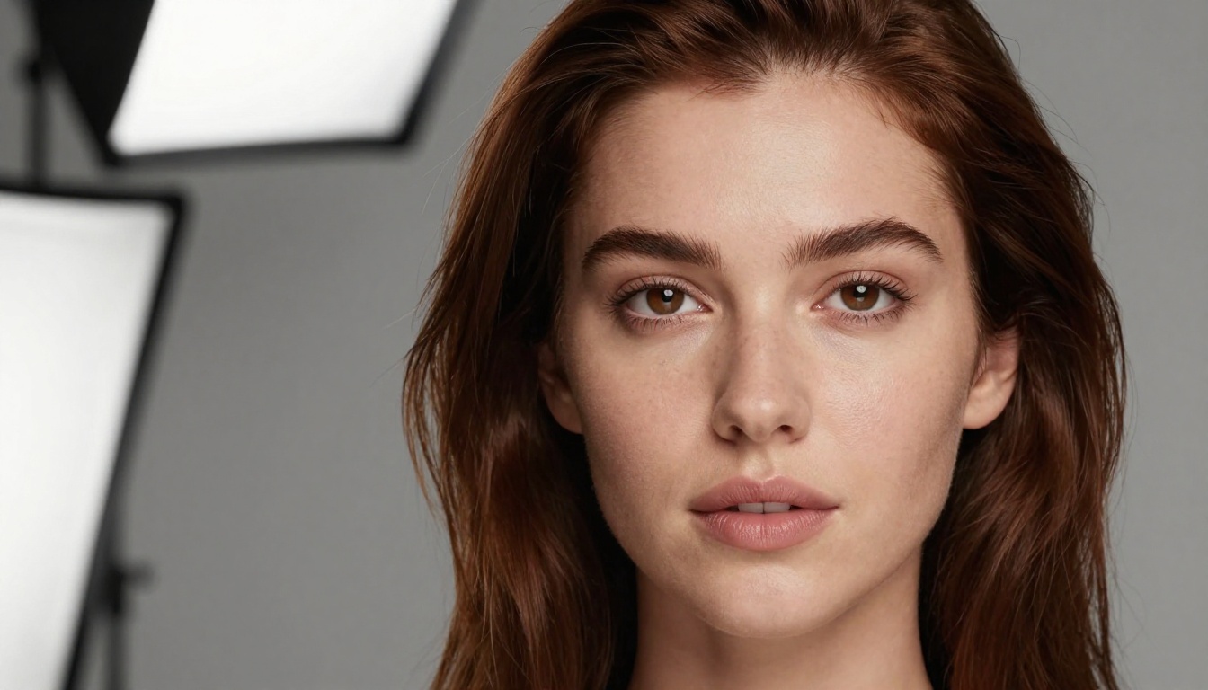 Close-up beauty portrait of a young woman in studio, clamshell lighting, visible skin texture, chestnut hair swept to one side