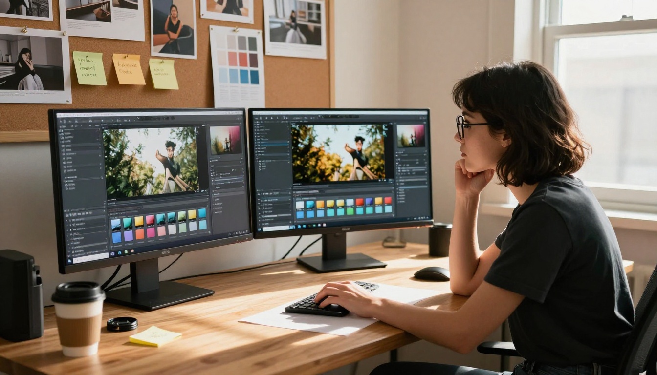 Woman creative director at L-shaped dual-monitor workstation with editing software, warm afternoon light, reference photos on corkboard behind her