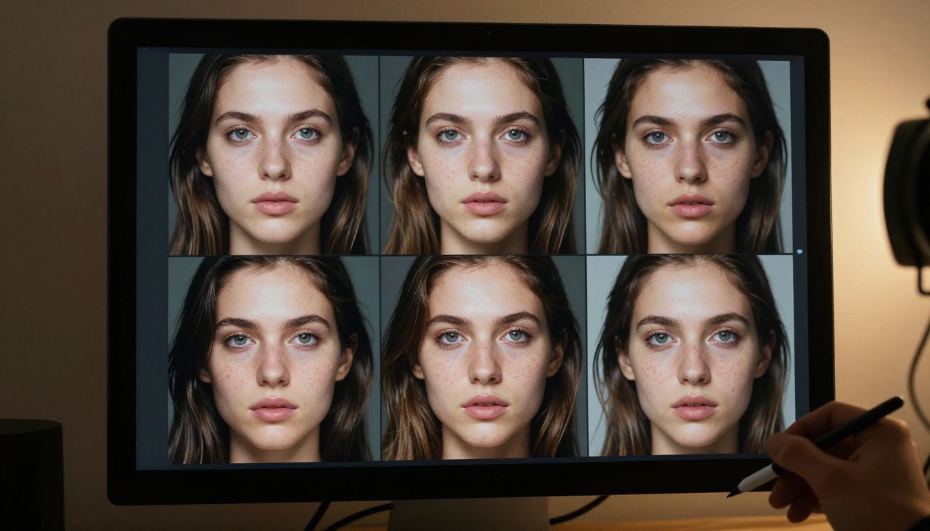 AI-generated portraits displayed on a 4K monitor showing incredible skin detail and dramatic lighting variation