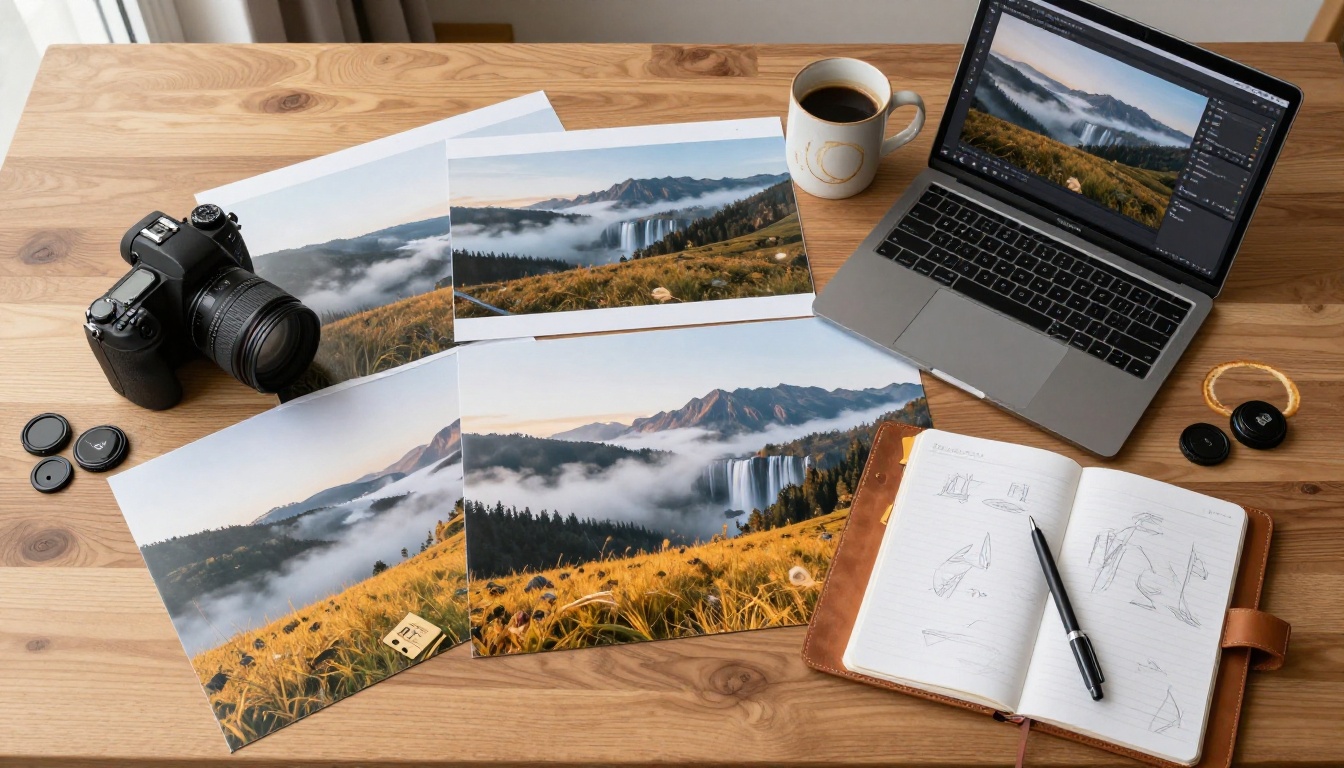 Overhead flat-lay of a creative photographer desk with printed AI-generated landscape photos and camera gear