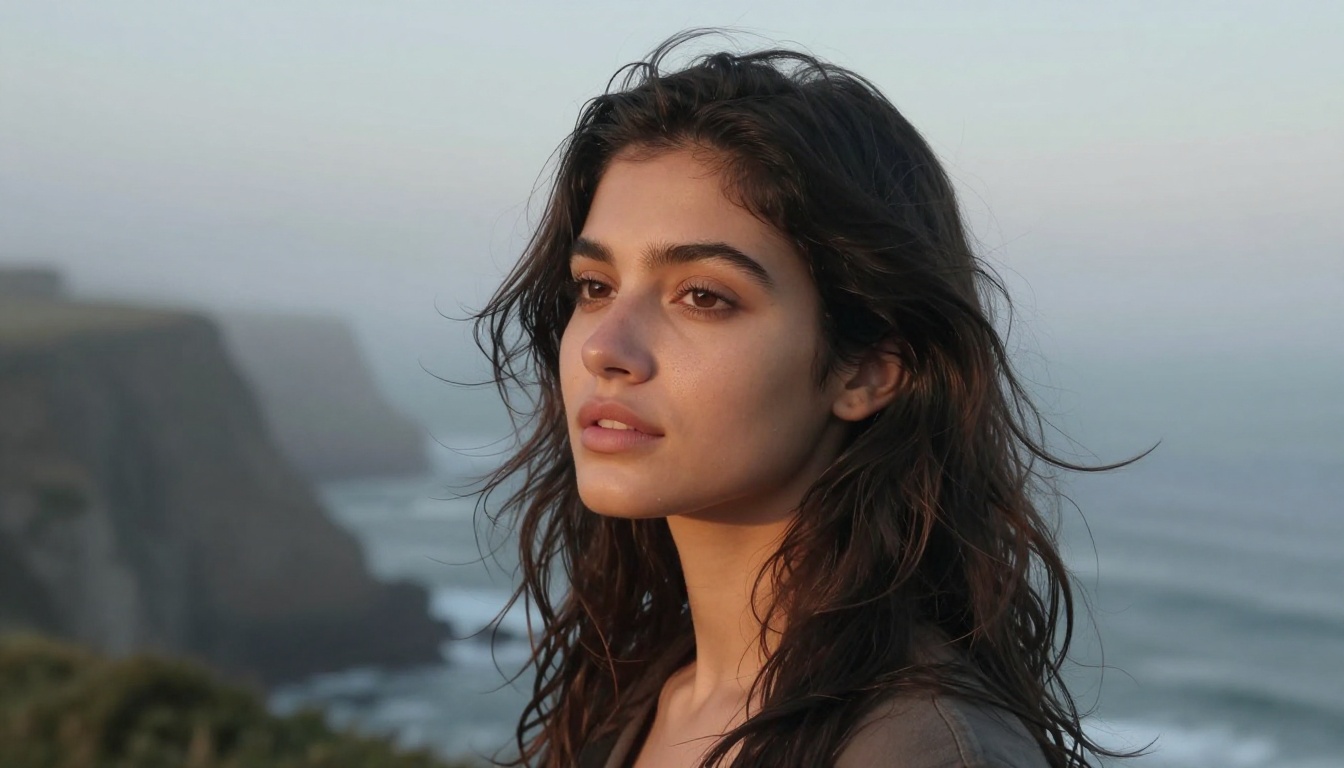Photorealistic portrait of woman on coastal cliff at sunrise, 85mm bokeh, Kodak Portra 400 Photorealistic portrait of woman on coastal cliff at sunrise, 85mm bokeh, Kodak Portra 400