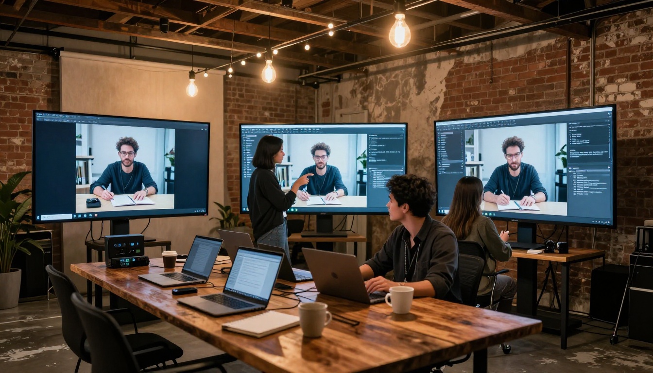 Wide shot of a modern AI creative studio with three curved monitors and two professionals collaborating