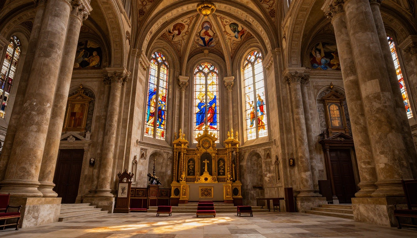 Grand baroque cathedral interior with golden stained-glass light, 24mm wide-angle, Sony A7R IV Grand baroque cathedral interior with golden stained-glass light, 24mm wide-angle, Sony A7R IV