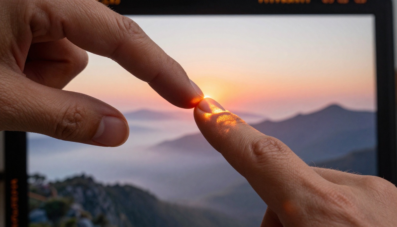 Hand touching a display screen showing a photorealistic AI-generated mountain landscape at sunrise with fingerprint detail
