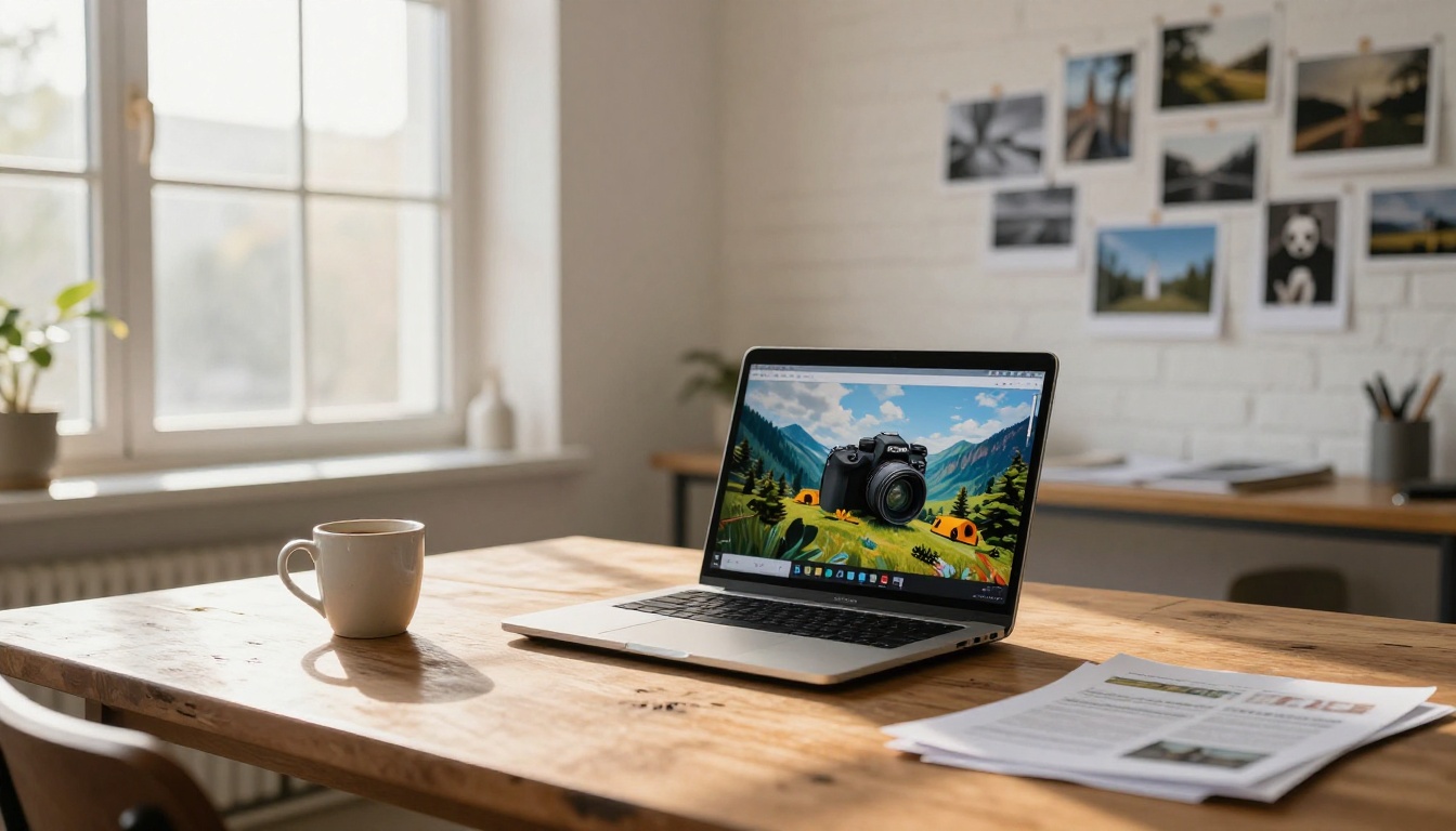 Creative studio workspace with photographer reviewing AI-generated images on laptop