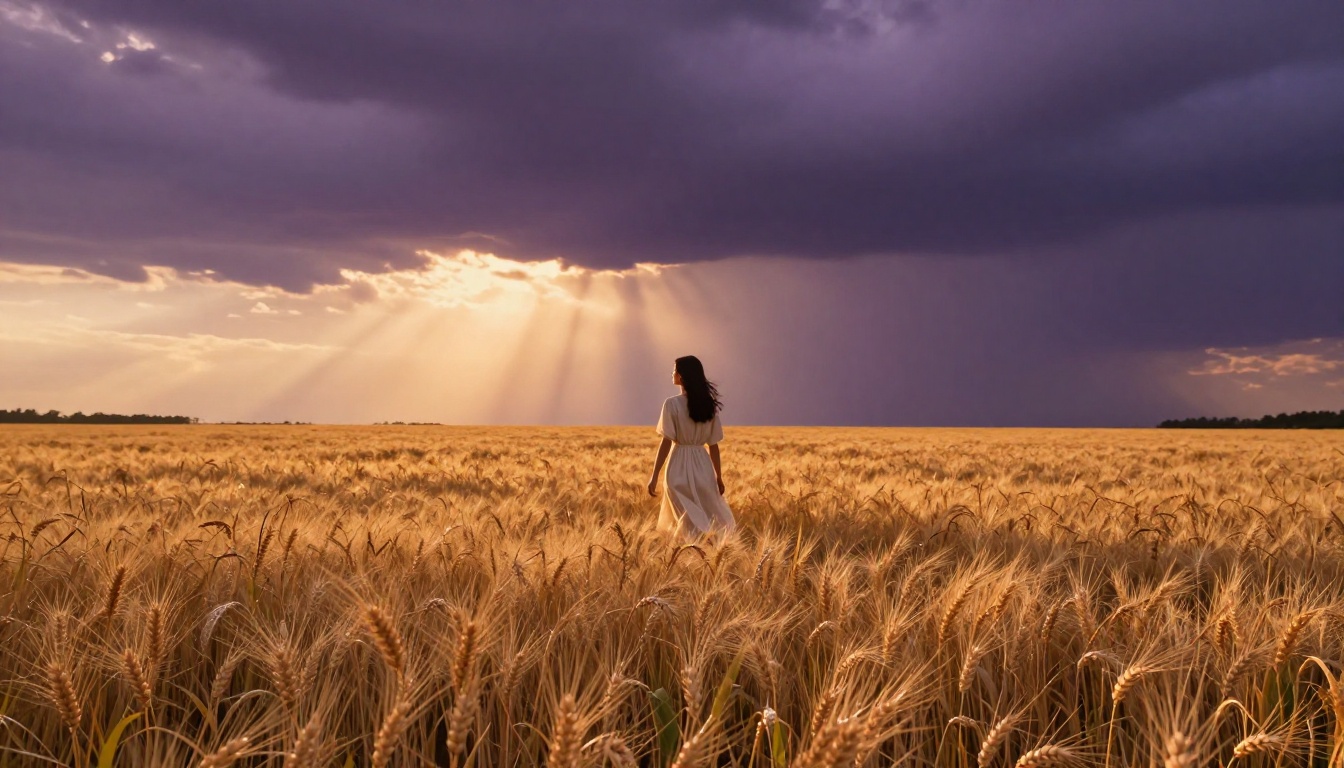 Cinematic golden wheat field at sunset with lone woman in flowing cream dress