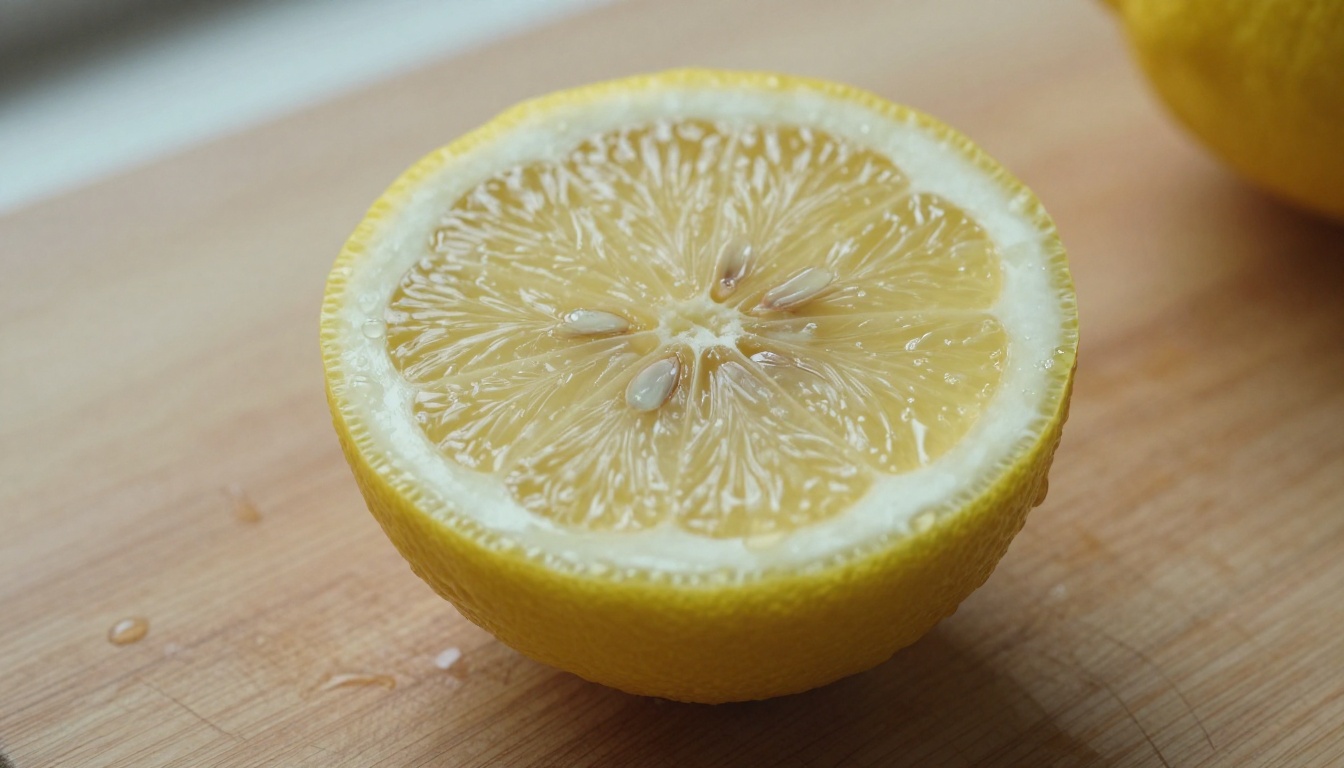 Extreme macro close-up of lemon half on oak cutting board, Sony A7R V 100mm, natural window light Extreme macro close-up of lemon half on oak cutting board, Sony A7R V 100mm, natural window light