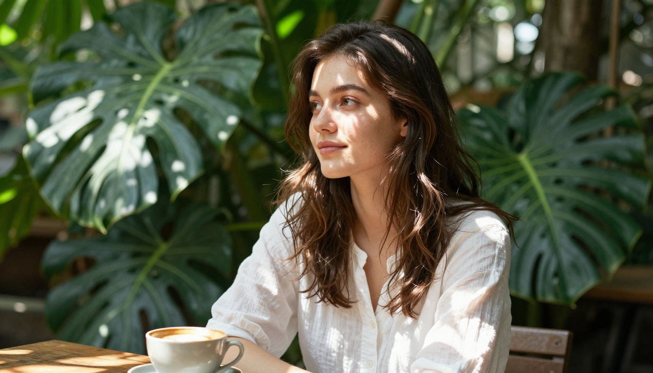 Young woman sitting in a sunlit botanical garden cafe with natural dappled light and a genuine relaxed expression
