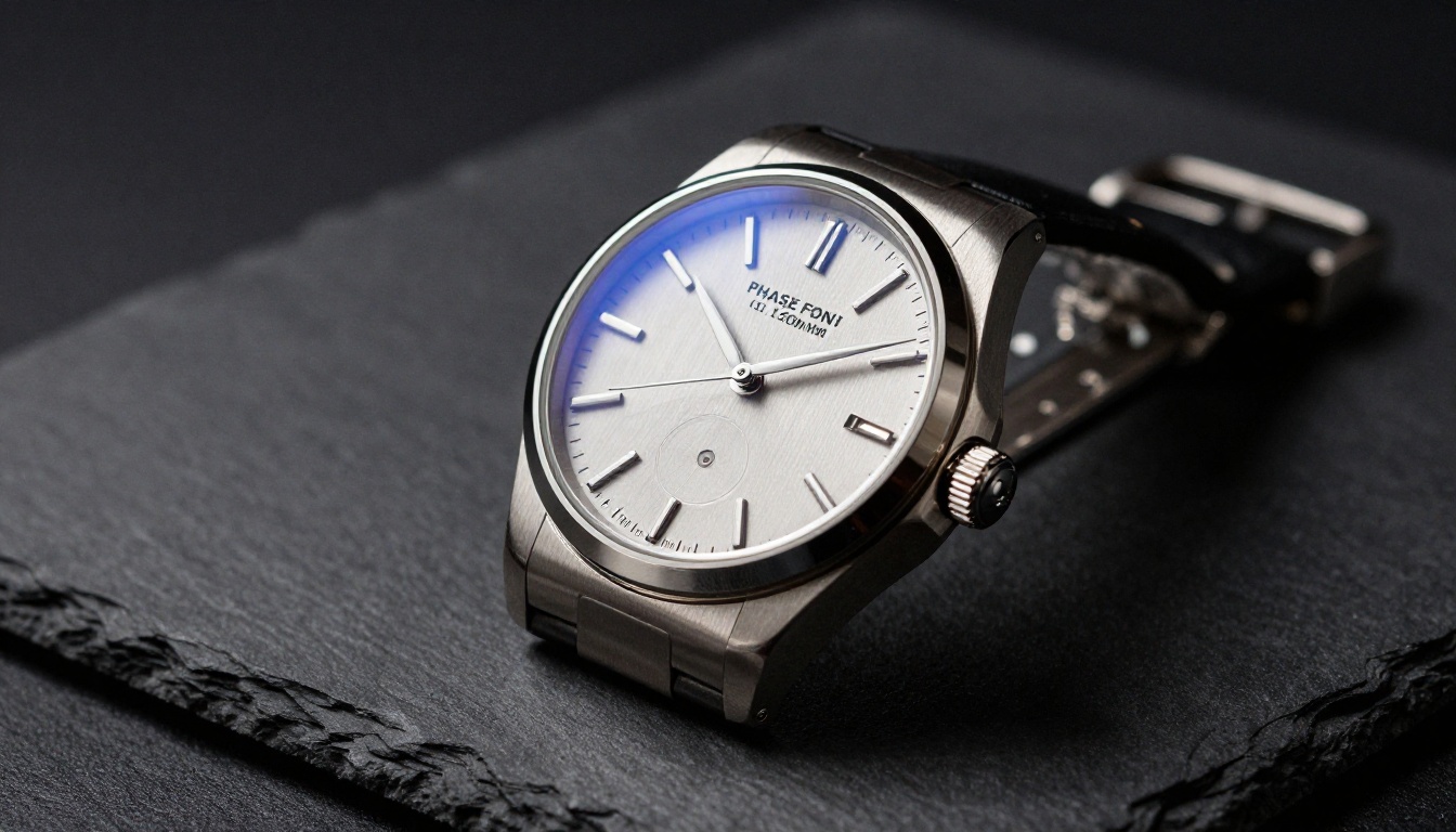 Luxury wristwatch product photography on dark slate, Phase One IQ4 medium format 120mm macro, rim lighting