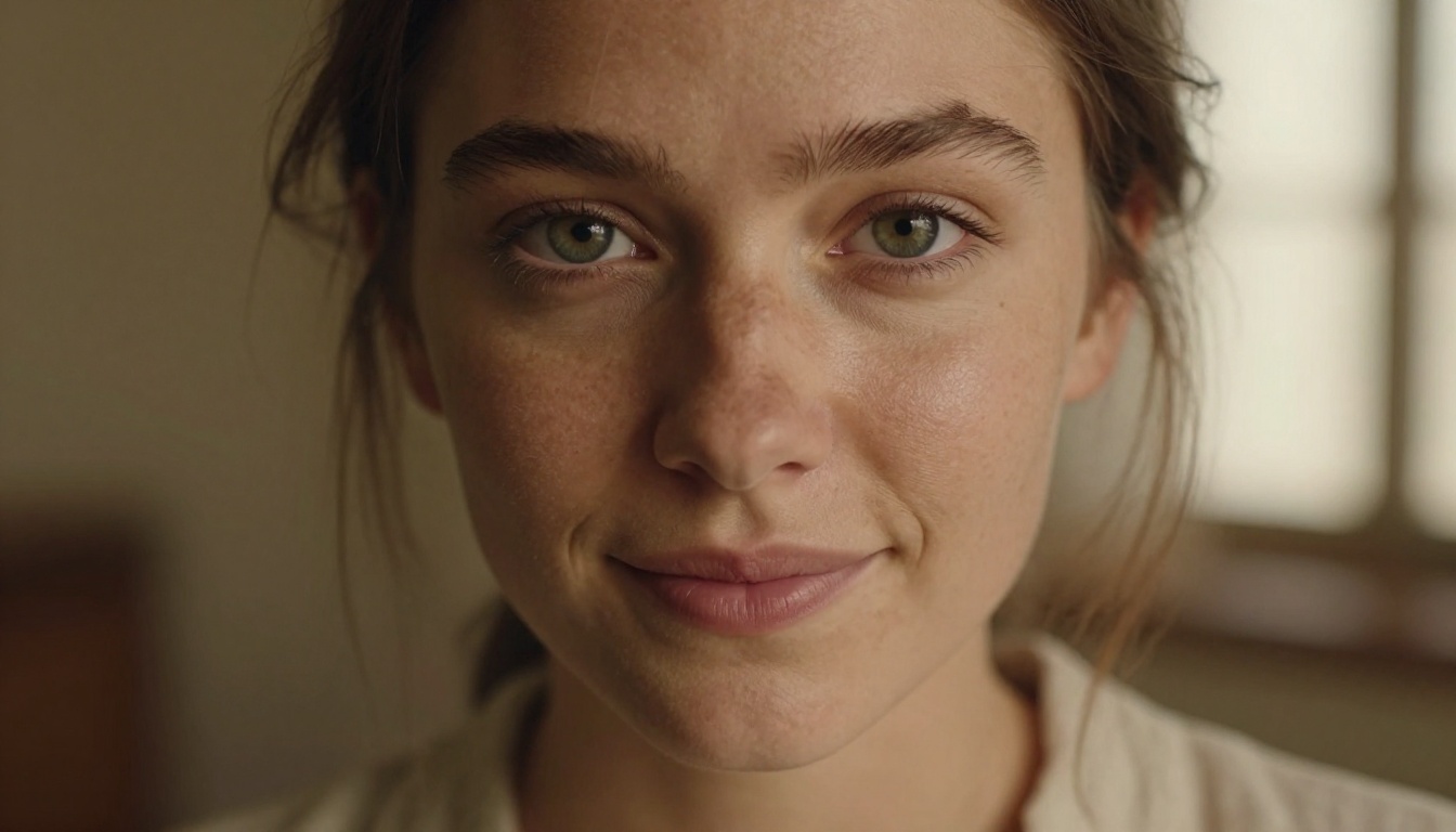 Intimate close-up portrait of young woman with green eyes showing photorealistic skin detail