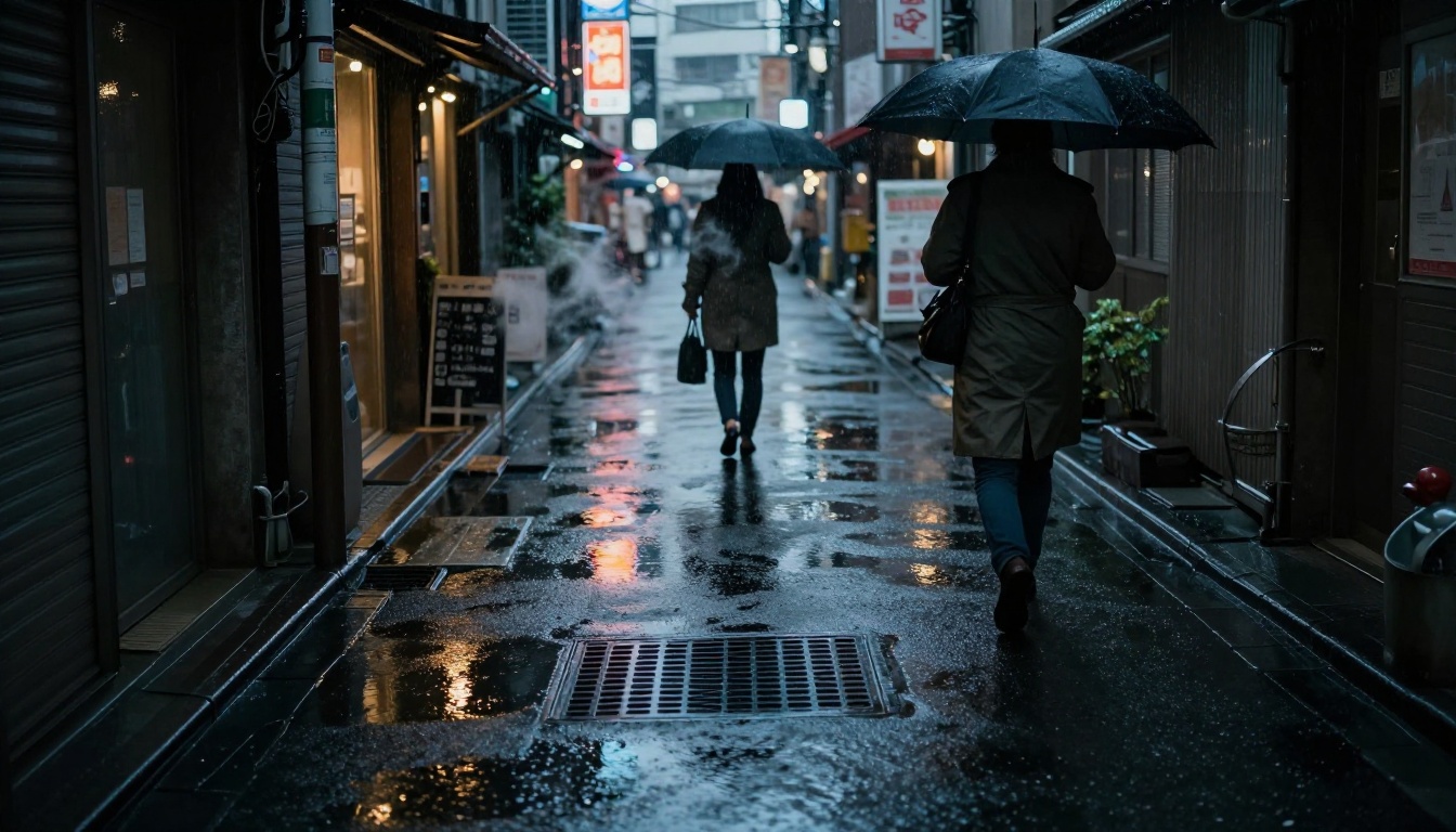 Rain-soaked Tokyo alley at night, neon reflections in puddles, Leica M10 35mm f/2, ISO 3200 film grain