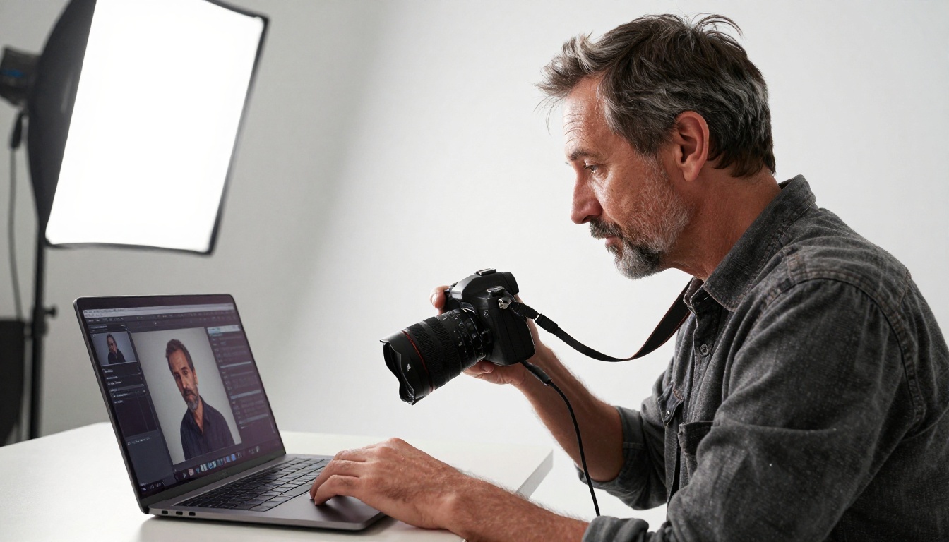 Male photographer with salt-and-pepper beard reviewing AI-enhanced image comparisons on a tethered laptop in studio