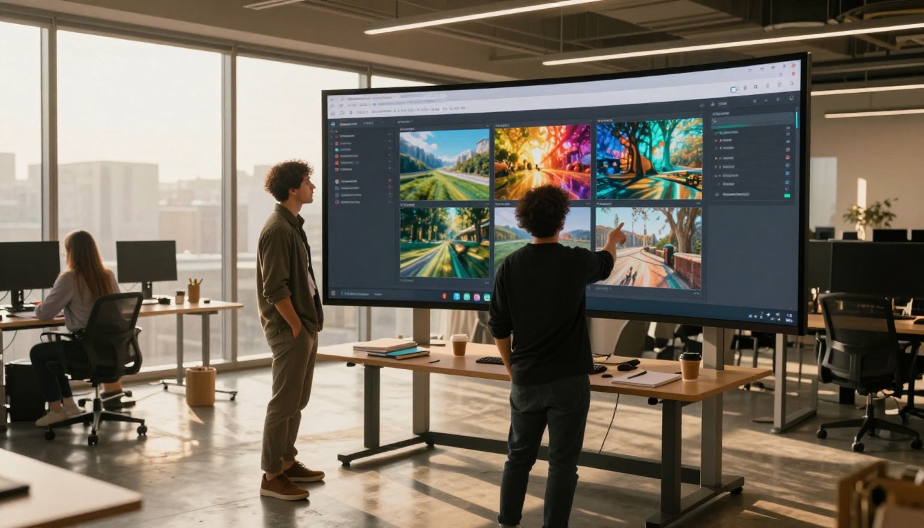 Tech professionals in modern office reviewing AI model outputs on large curved monitor