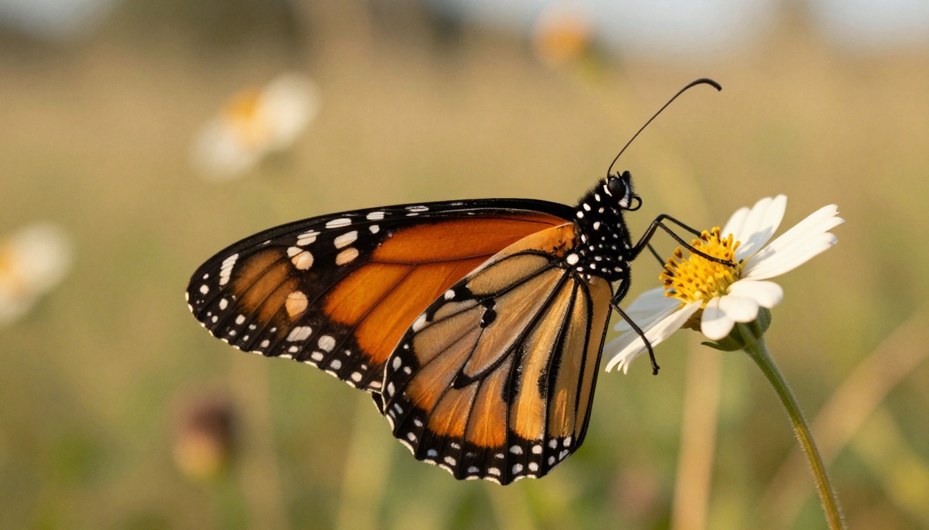 Macro photo of monarch butterfly on wildflower, Nikon Z8 200mm f/4, golden hour bokeh meadow background