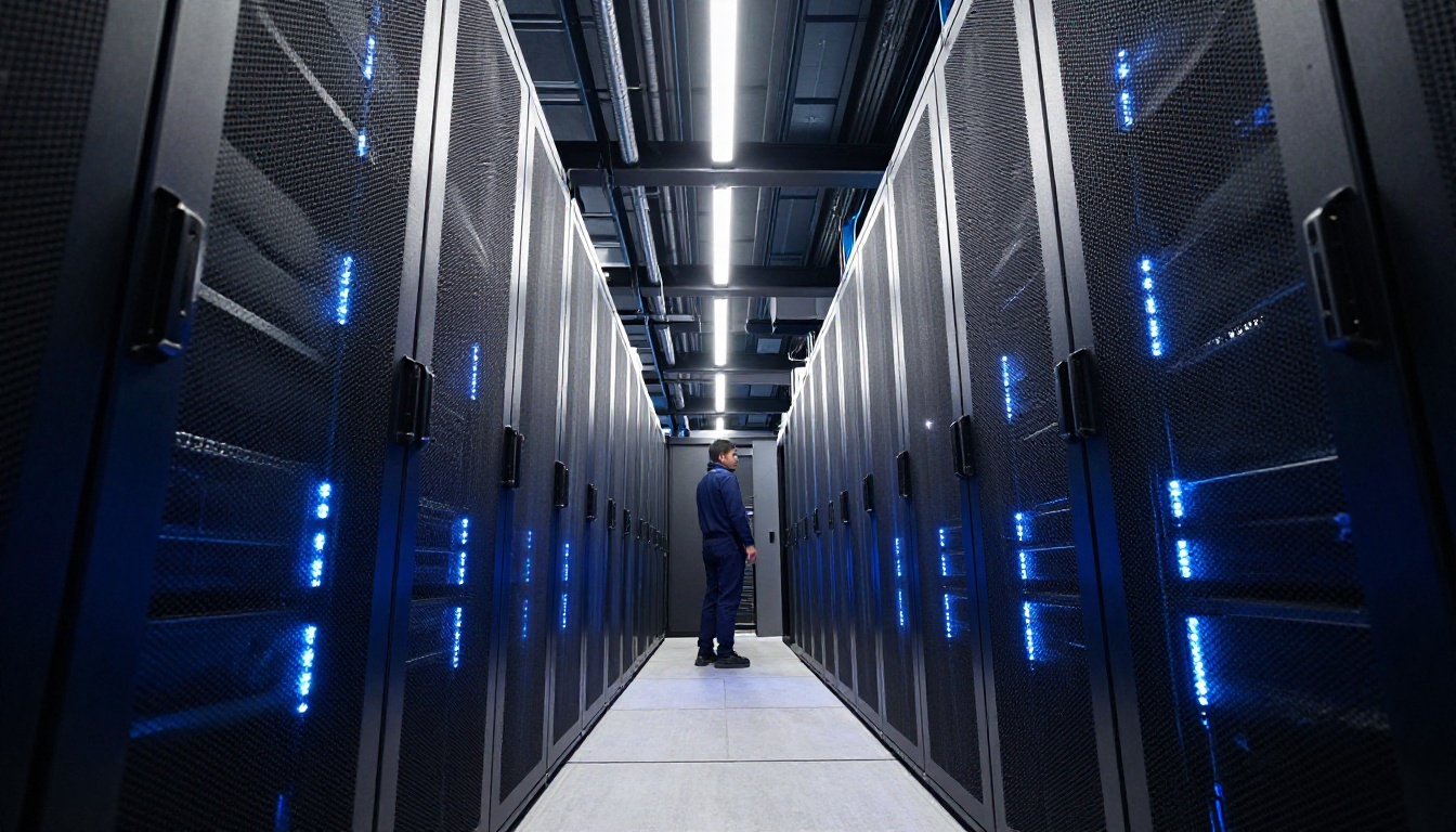 Data center corridor with tall server racks and cool LED lighting showing the infrastructure behind AI image generation