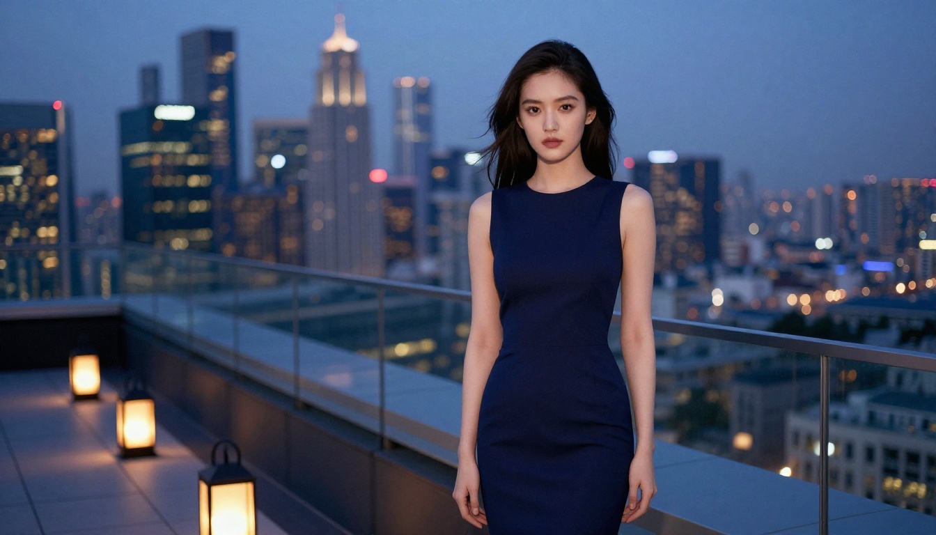 Elegant woman in navy dress on rooftop terrace overlooking city skyline at blue hour dusk