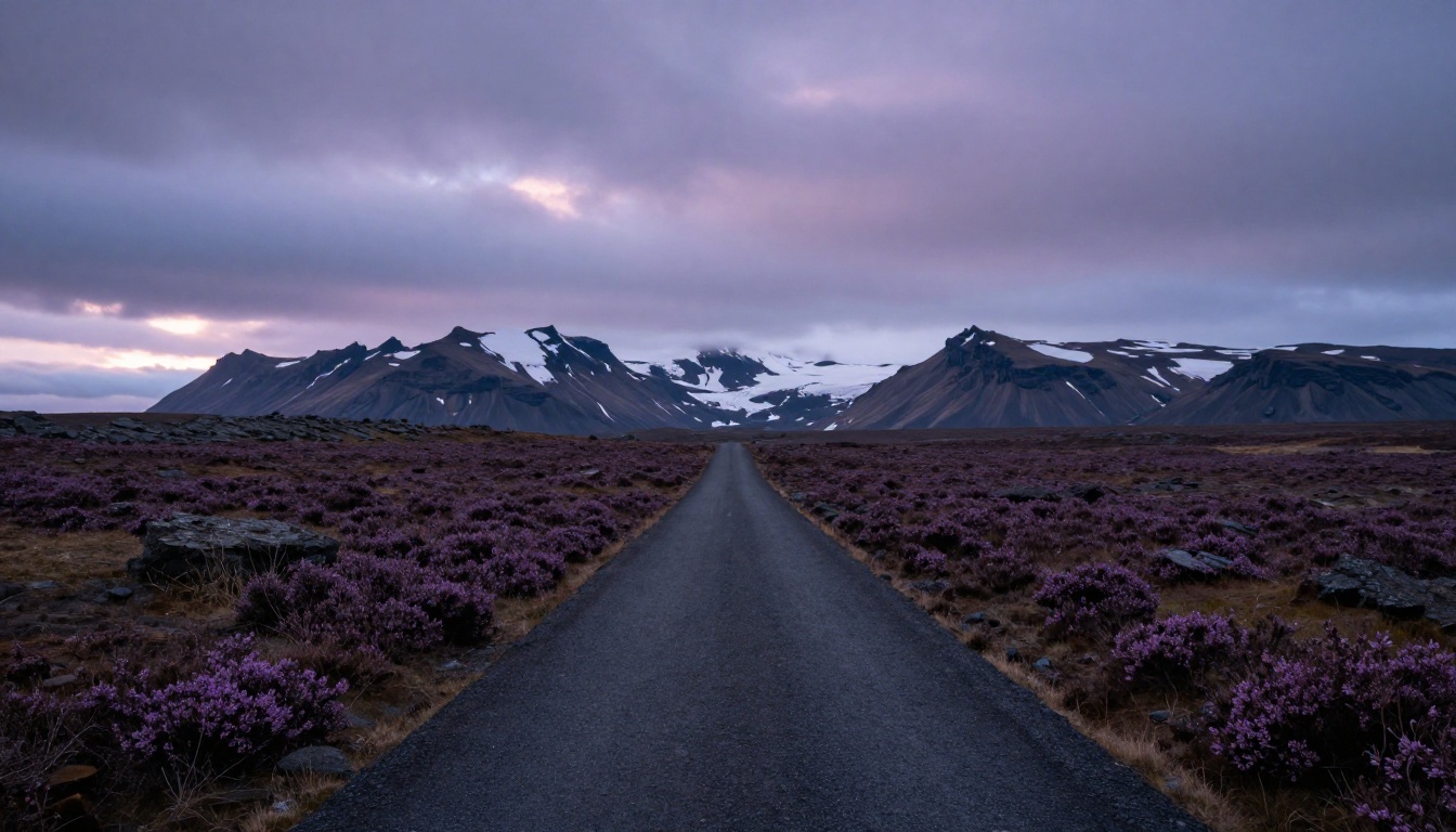 Wide Icelandic highland landscape at twilight, volcanic plains, snow-capped mountains, Canon EOS R5 16mm