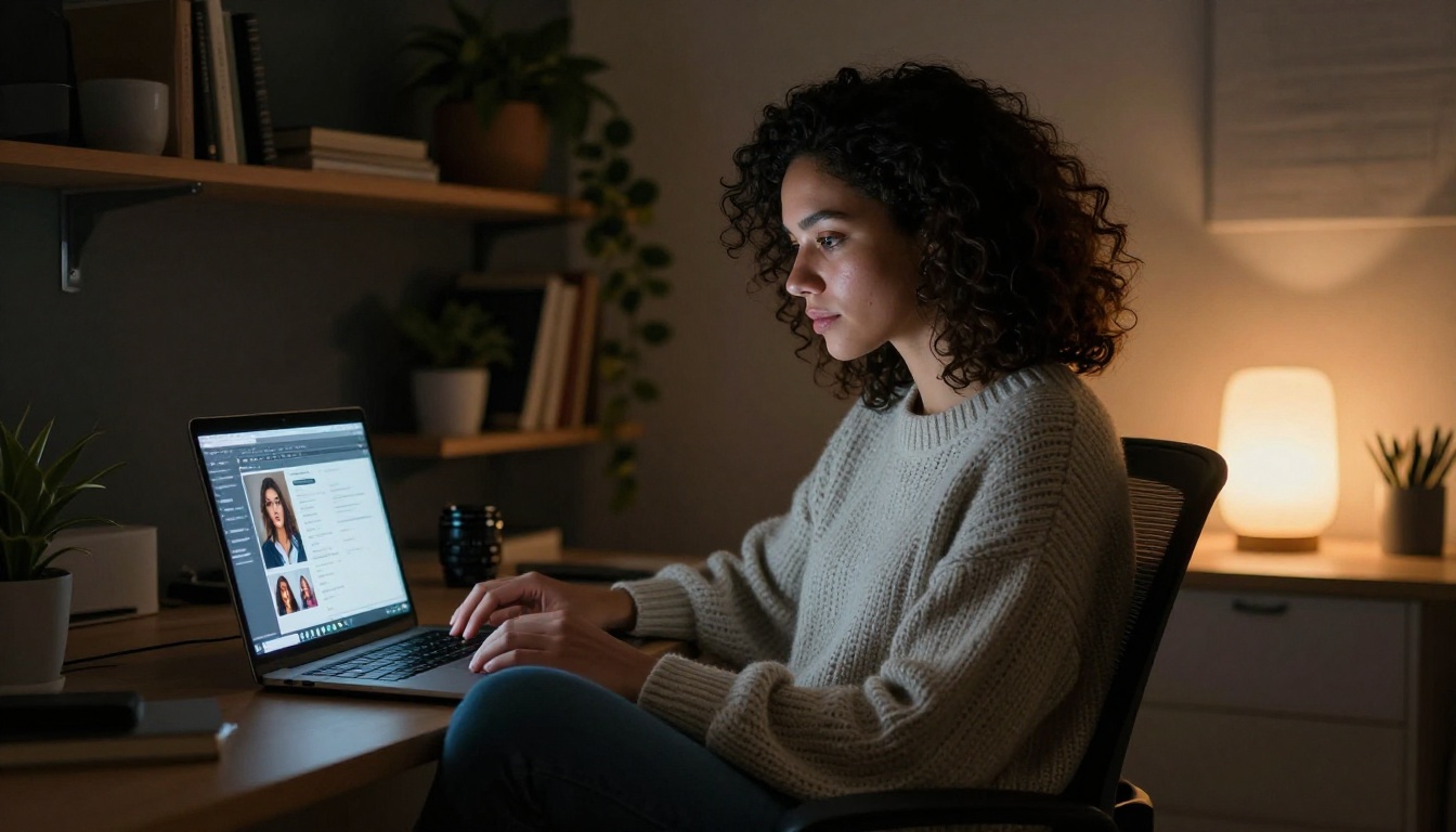 Young woman with curly hair working at night with laptop illuminating her face in a minimalist home office