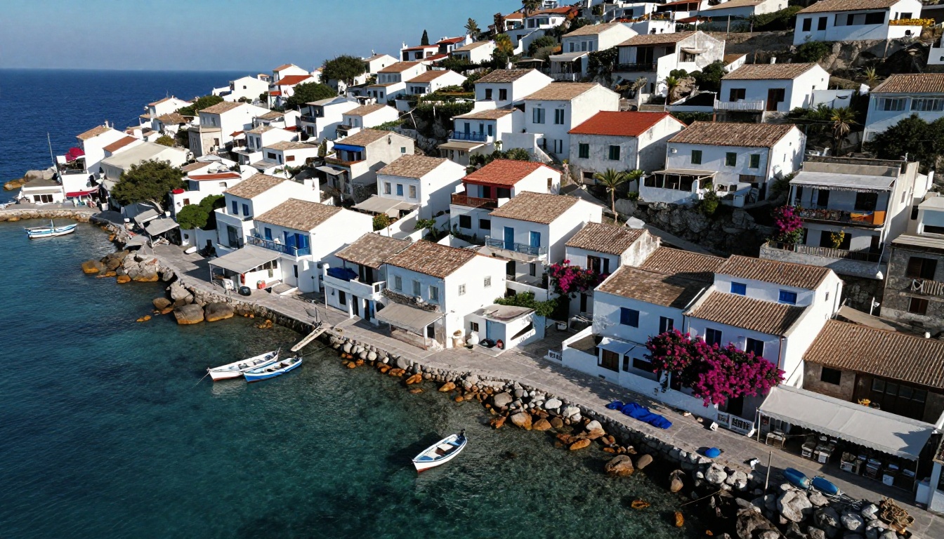 Aerial view of Mediterranean coastal village with turquoise water and colorful fishing boats