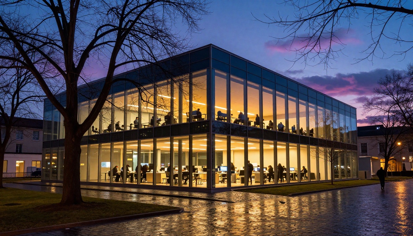 Modern tech office building exterior at dusk with warm interior lights reflecting on wet cobblestone pavement