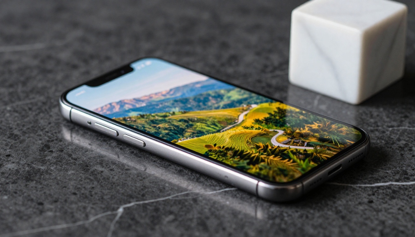 Modern smartphone on dark marble surface displaying photorealistic AI-generated landscape
