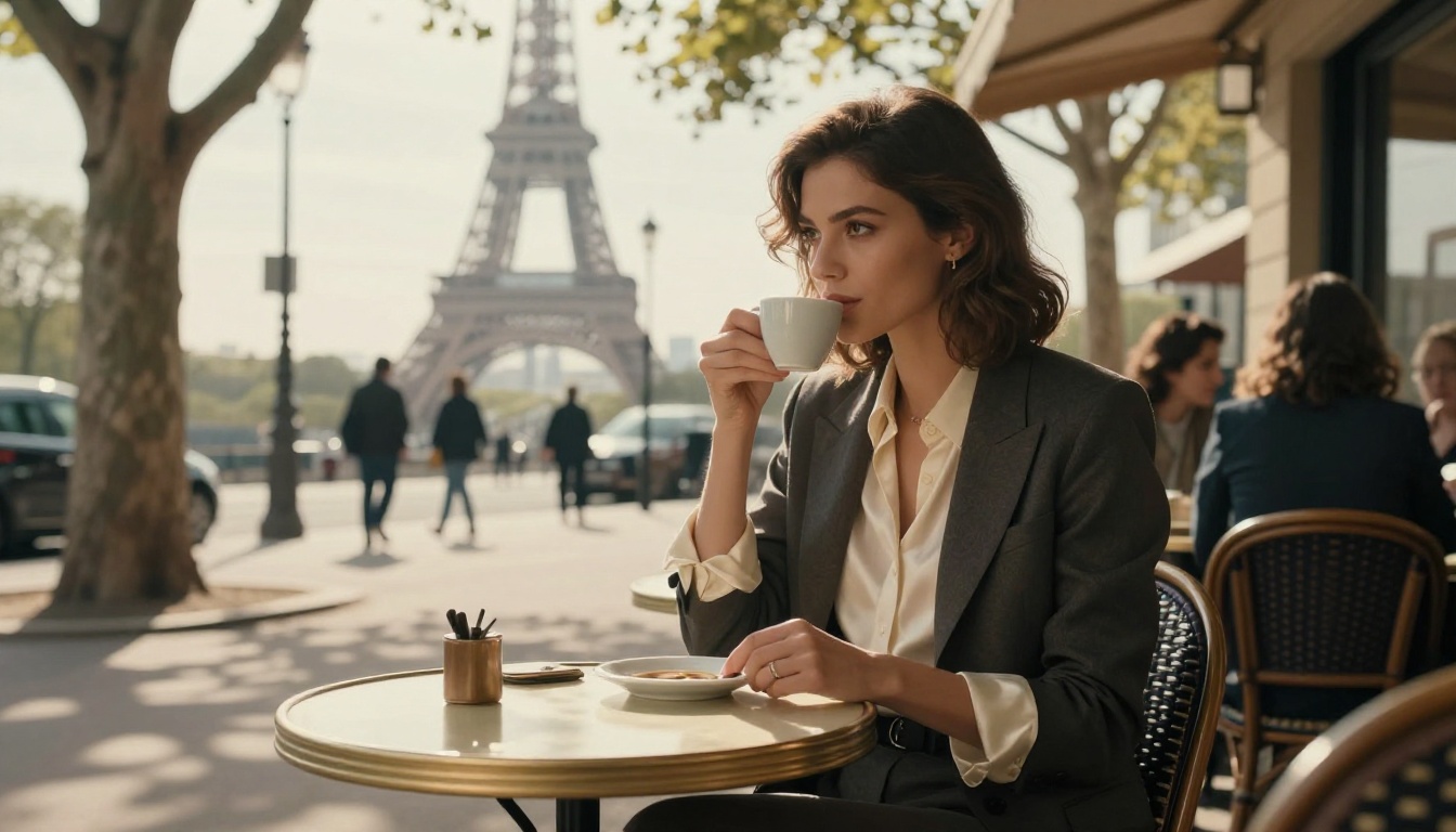 Woman at classic Parisian sidewalk cafe holding espresso with Eiffel Tower in soft background