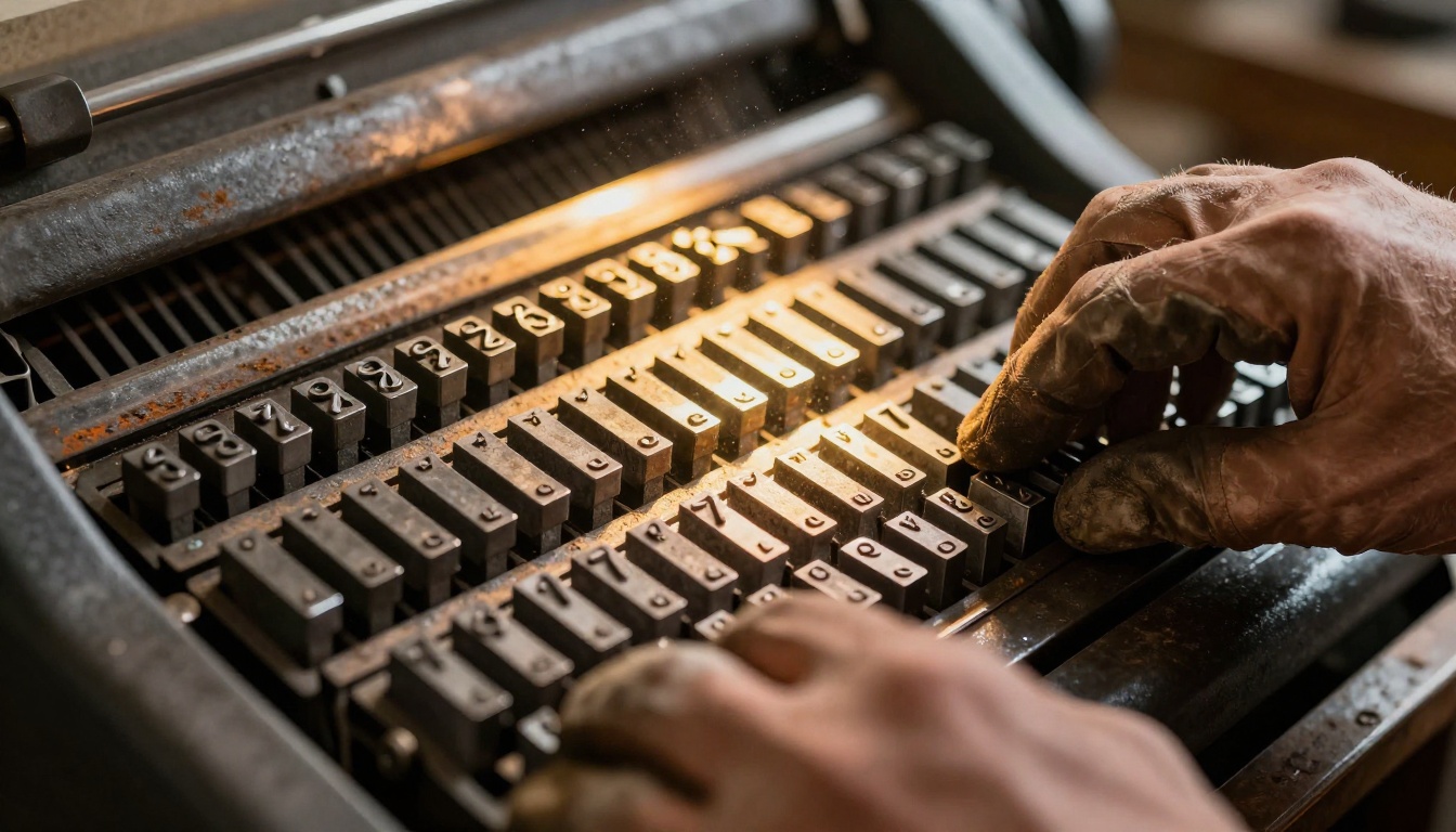 Close-up of a vintage printing press with metal type blocks, industrial photography