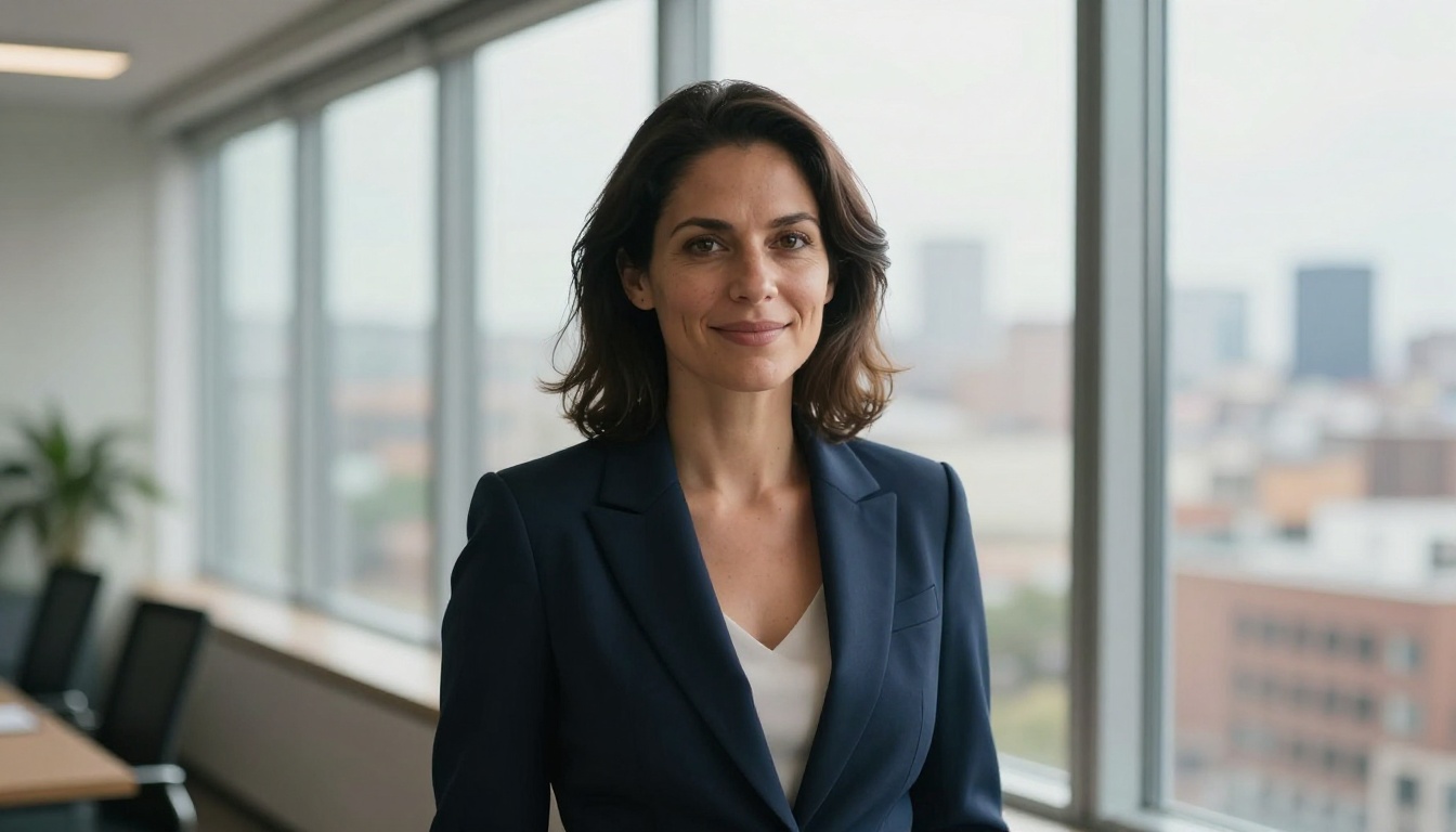 A professional woman at a modern sunlit desk, photorealistic editorial photography