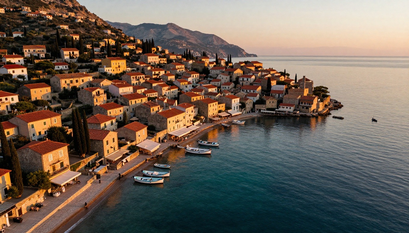 Aerial view of a Mediterranean coastal village at golden hour