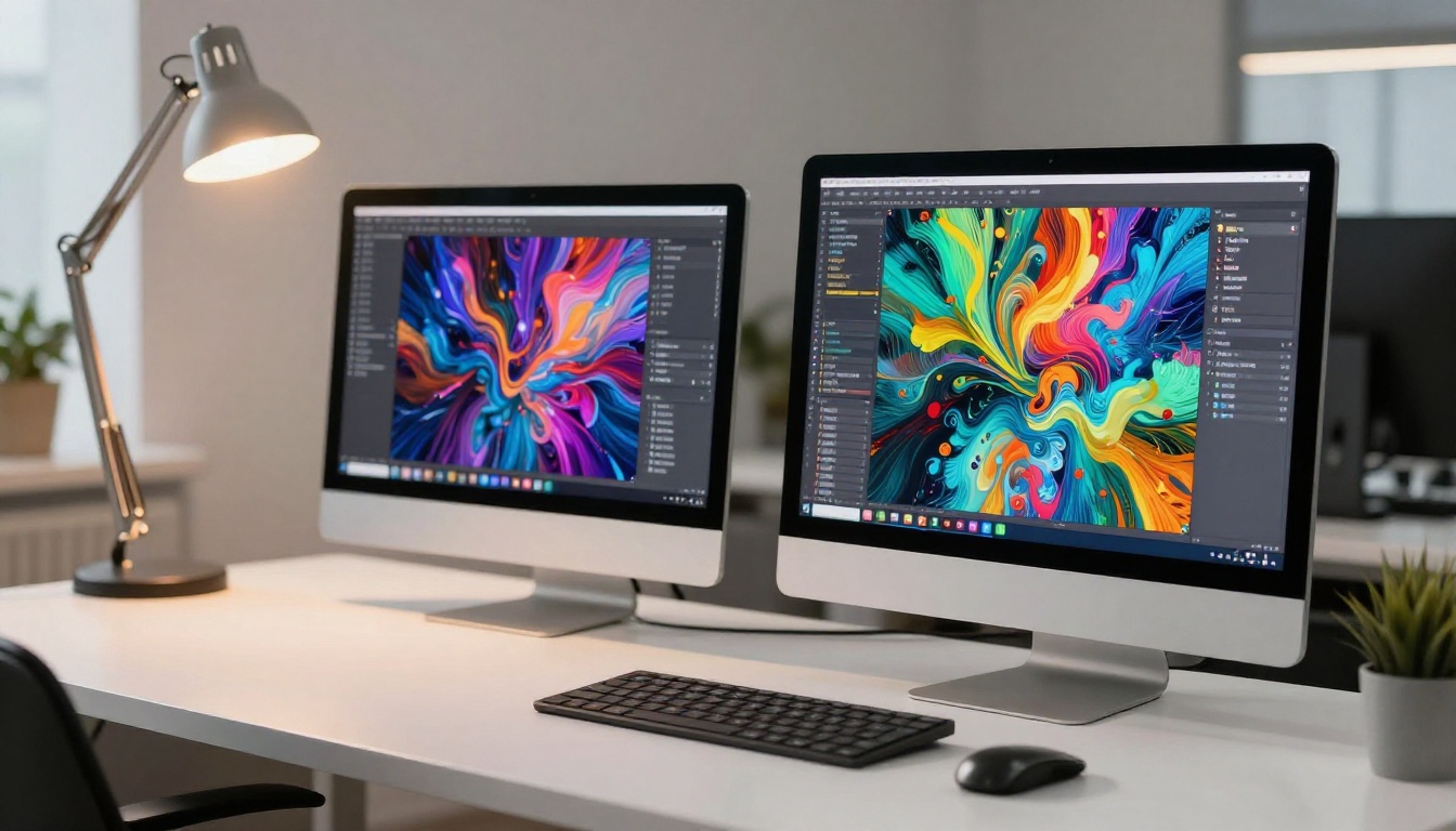 Two monitors showing colorful images on a clean minimalist desk setup