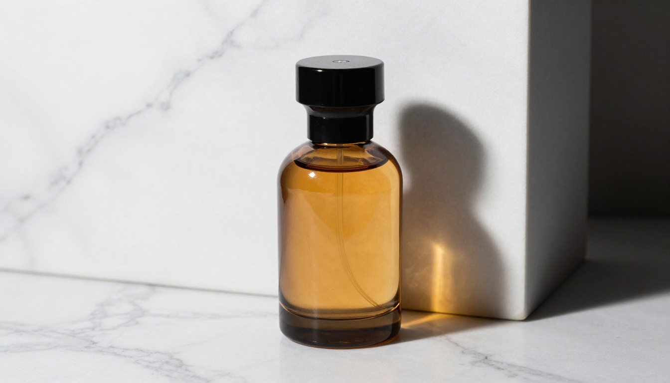 Luxury amber glass perfume bottle on white marble with studio lighting