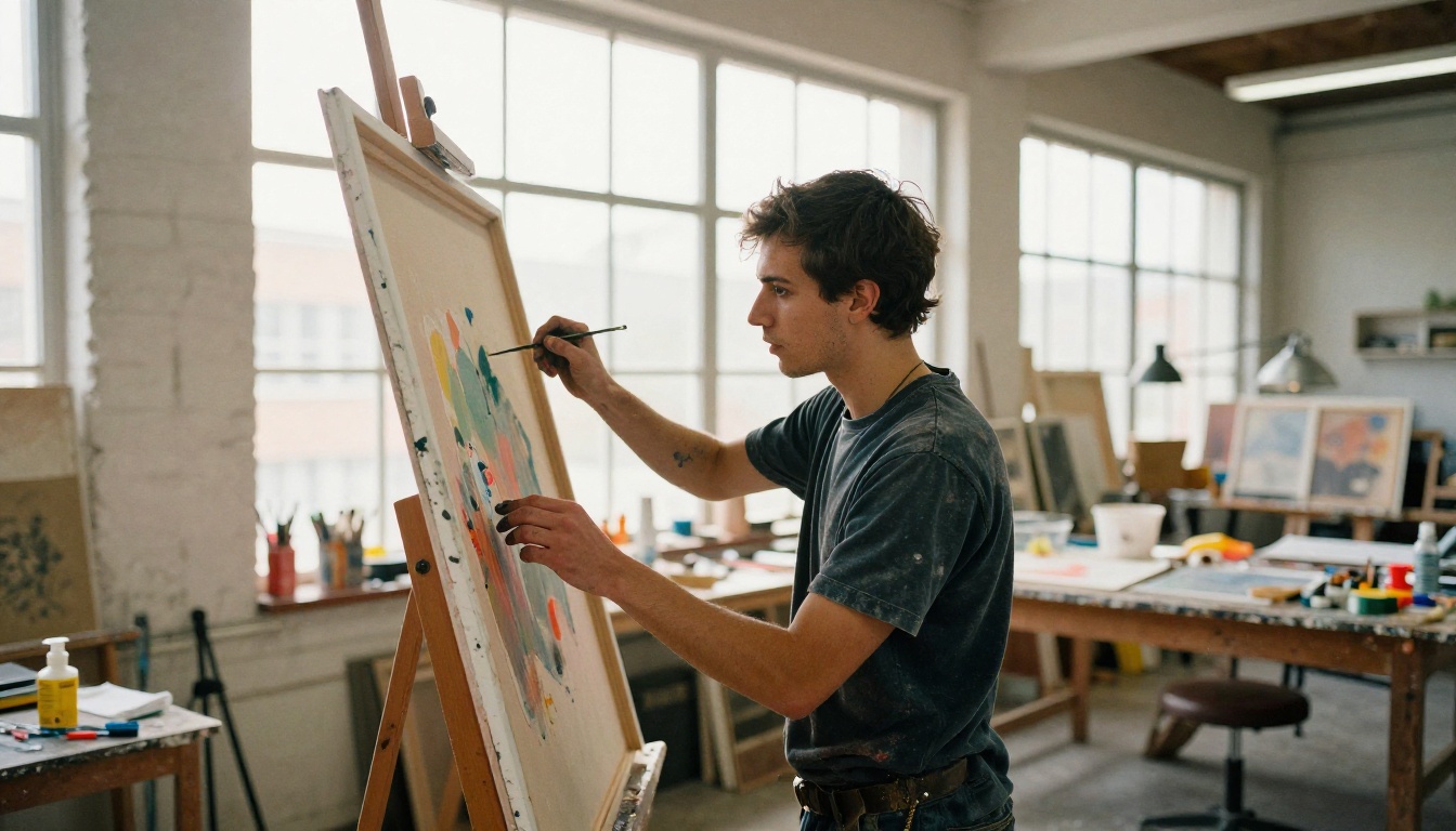 Young painter working on a canvas in a bright art studio with afternoon light