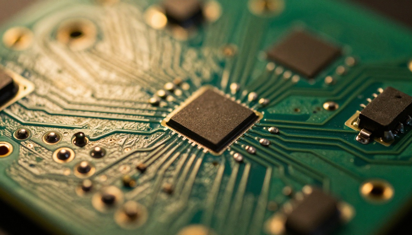 Extreme closeup macro shot of green circuit board PCB traces