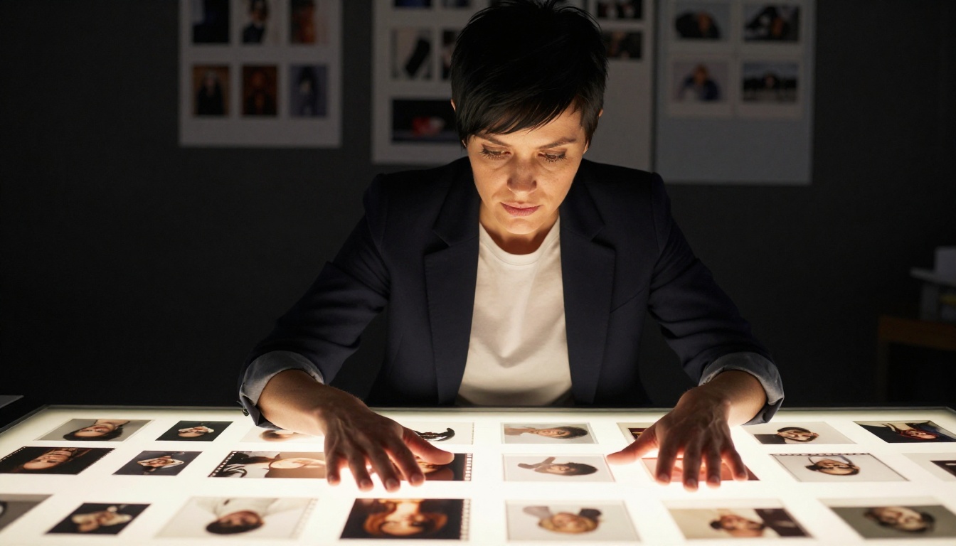 Designers analyzing high-quality photographs on a light table, examining fine detail in prints