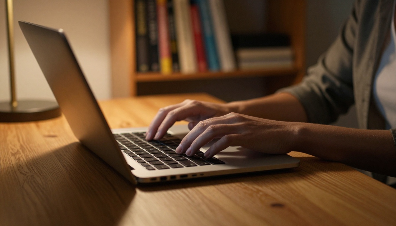 Woman's hands typing on a silver laptop with warm amber desk lamp light