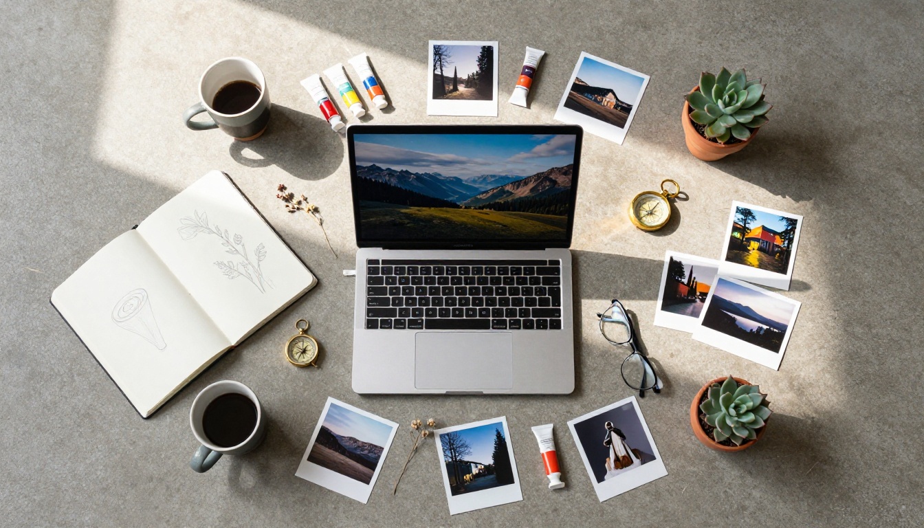 Overhead flat-lay of a creative workspace with a laptop displaying vivid imagery, surrounded by photographs and art materials