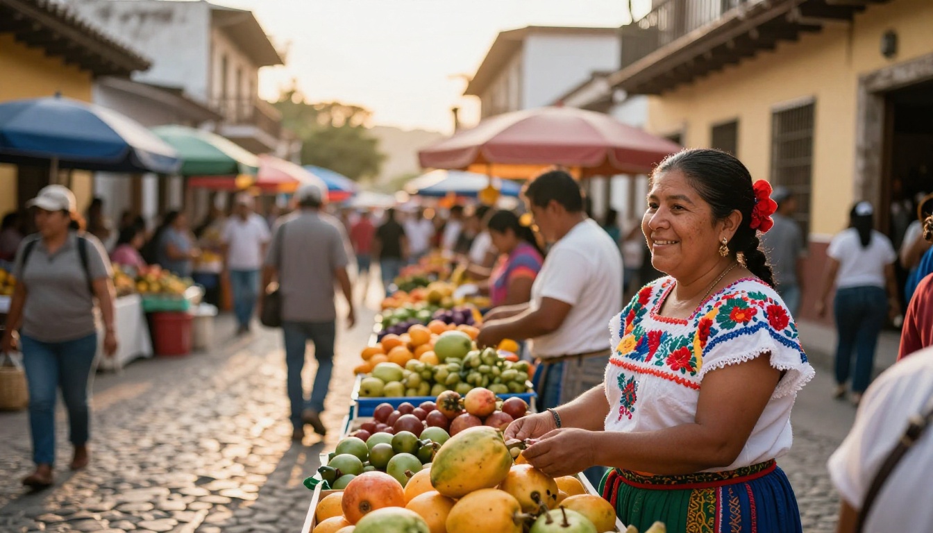 Vibrant Latin American street market with traditional vendors and cobblestone streets