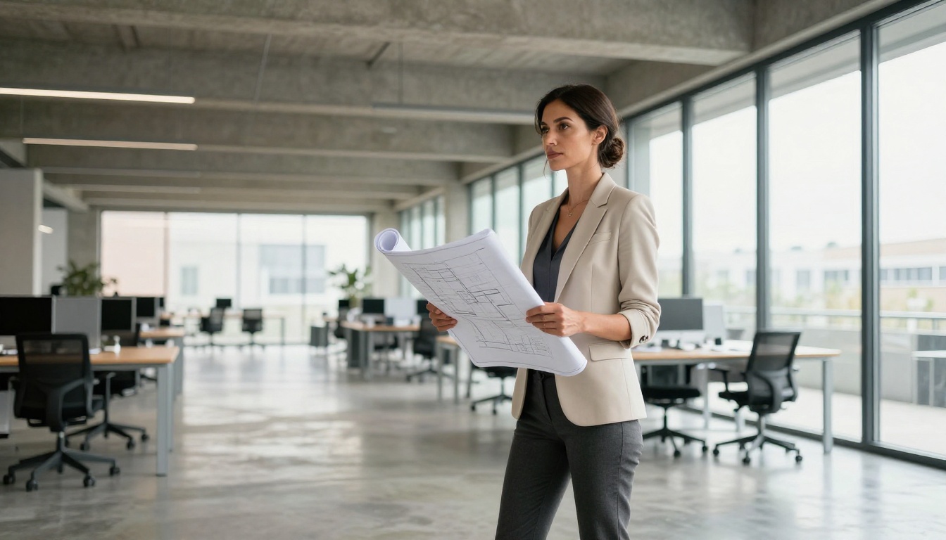 Woman architect standing in a modern open-plan office, holding architectural blueprints, with soft overcast natural light