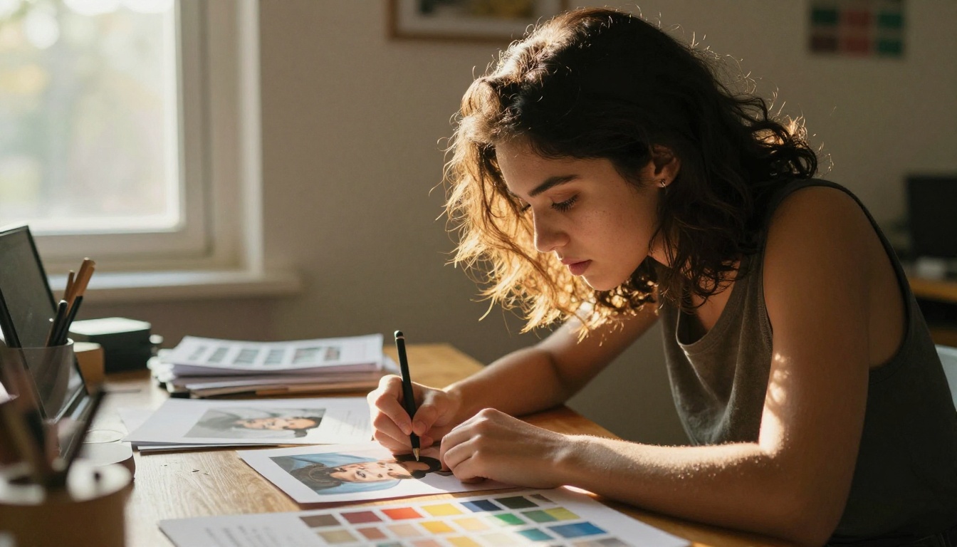 A creative professional studying AI-generated photorealistic images at her desk with warm afternoon light