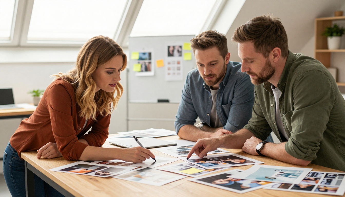 Two creative professionals collaborating over mood boards and large format prints in a bright agency space