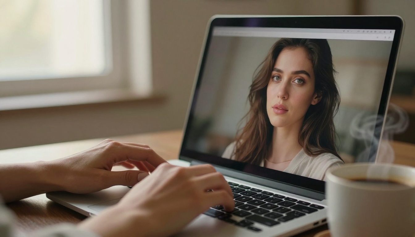 Close-up of hands typing at a laptop with AI artwork visible on screen in warm morning light