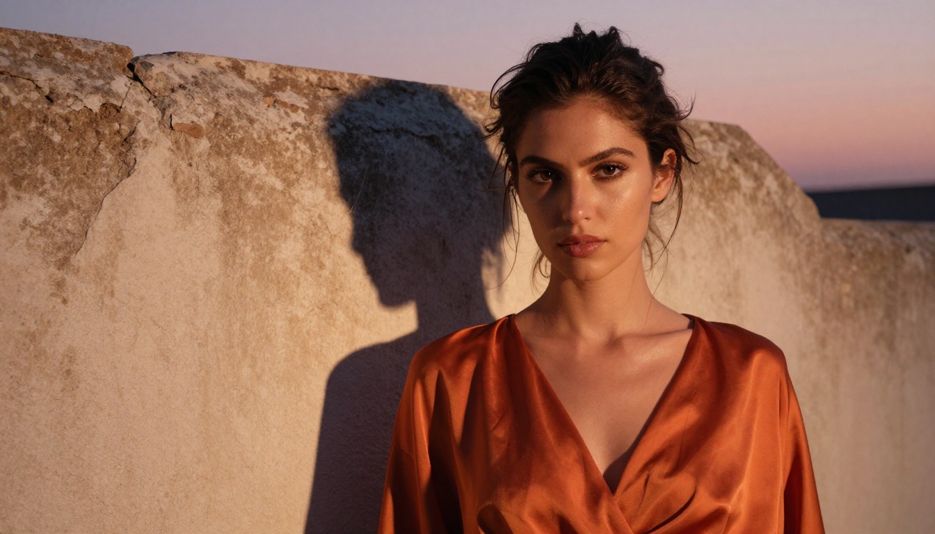 Dramatic profile portrait of a woman with olive skin in a rust-orange silk dress against a whitewashed stone wall at dusk