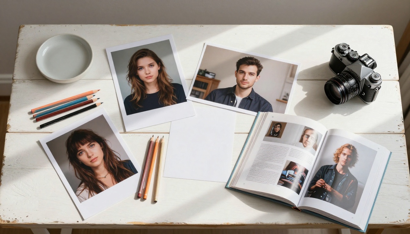 Overhead flat lay of creative workspace with printed AI-generated photographs, art books, and art supplies
