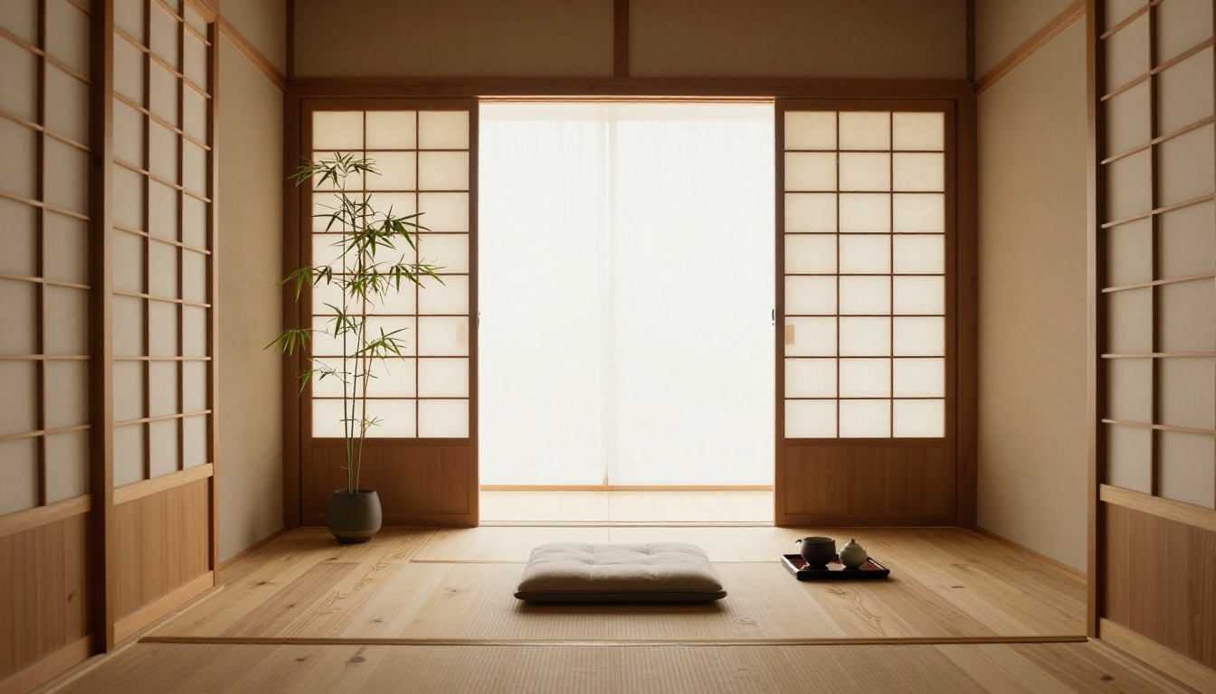 Serene Japanese minimalist interior space with natural wooden floors, shoji screens, and soft diffused morning light