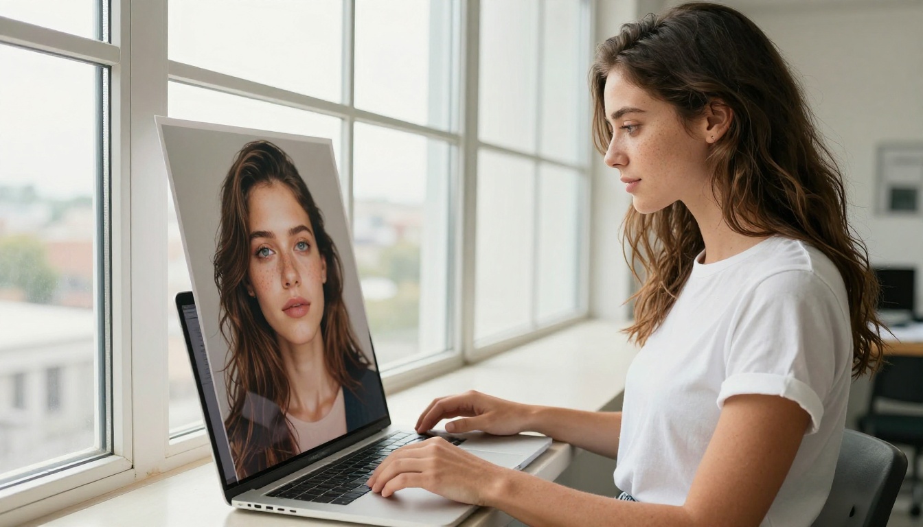 Beautiful woman standing by studio windows comparing printed AI image to laptop screen in natural daylight