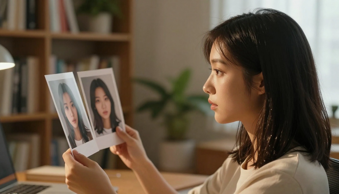 Side profile of woman comparing two printed AI photographs in warmly lit home office with window light