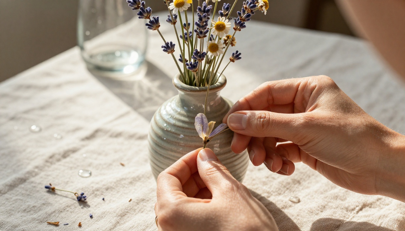 Close-up macro detail of hands arranging dried flowers into a ceramic vase, rich texture in petals and linen tablecloth