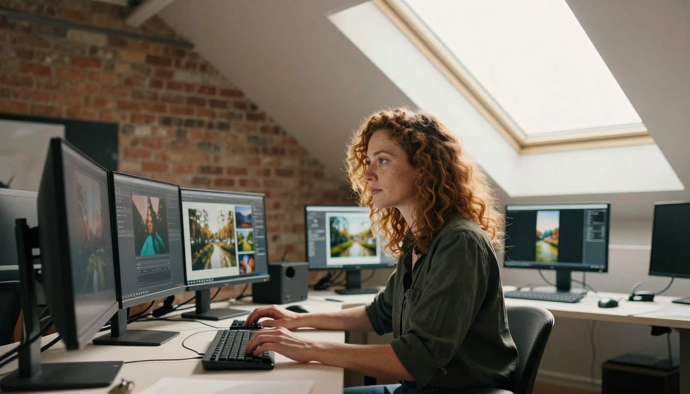 Woman with auburn curly hair working at standing desk in loft studio with warm skylight illumination
